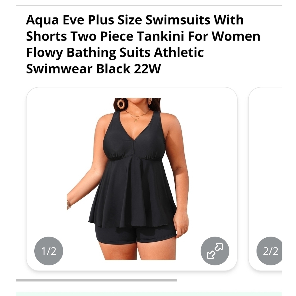 AQUA EVE - 22W Black V-Neck Tankini  2 Piece Swimsuit - Picture 11 of 13